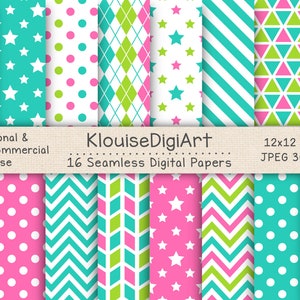 Seamless Pink, Green, Turquoise Blue and White Digital Printable Papers with Polka Dots, Stars, Stripes