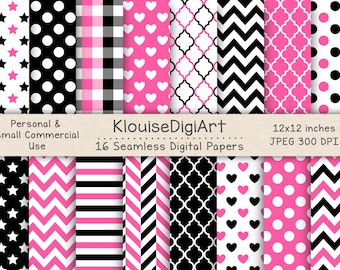 Seamless Pink, Black and White Digital Printable Papers with Polka Dots, Chevron, Quatrefoil, Stripes
