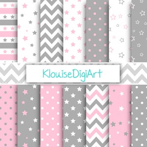 May include: A set of 12 digital paper patterns featuring pink and grey geometric designs. The patterns include stars, polka dots, stripes, and chevron patterns. The text "KlouiseDigiArt" is included in the image.