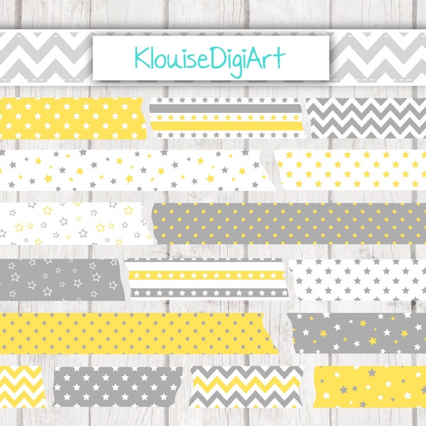 Yellow and Dark Gray Stars, Chevrons and Polka Dots Digital Washi Tape Clipart