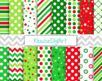 Bright Red and Green Christmas Digital Printable Papers with Stars, Stripes, Chevrons, Polka Dots