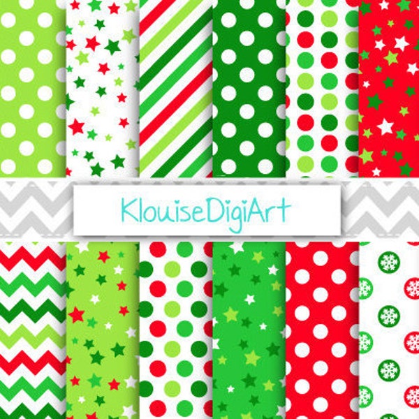 Bright Red and Green Christmas Digital Printable Papers with Stars, Stripes, Chevrons, Polka Dots