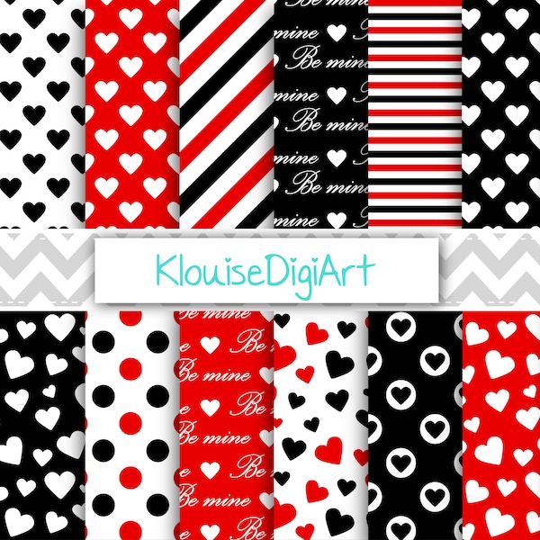 Bright Red and Black Valentine's Day Digital Printable Papers with Hearts, Polka Dots, Stripes