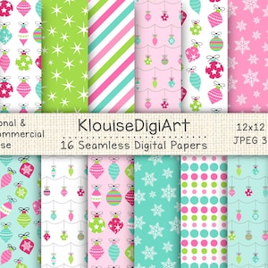 Nahtlose pink, grüne und türkis Weihnachtskugeln digitale bedruckbare Papiere mit Schneeflocken