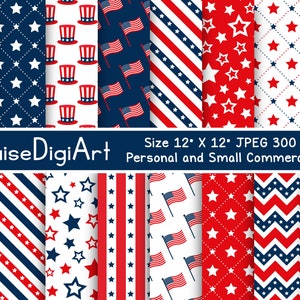 July 4th Independence Day Digital Printable Papers in Red, White and Blue