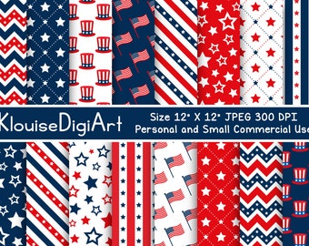 July 4th Independence Day Digital Printable Papers in Red, White and Blue