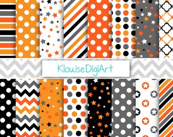 May include: A set of 12 digital paper patterns featuring various geometric designs in orange, black, white, and gray. The patterns include polka dots, stripes, stars, and chevron designs. The text "KlouiseDigiArt" is displayed in the center of the image.