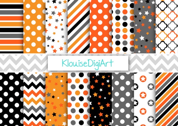 Halloween Orange, Black and Gray Digital Printable Papers with Polka Dots, Stars, Stripes