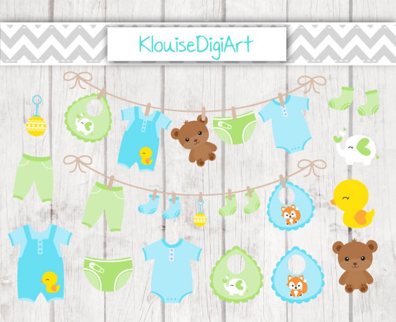 C027 Blue and Green Baby Boy Clothes Laundry Line Digital Clipart Graphics for Personal and Small Commercial Use