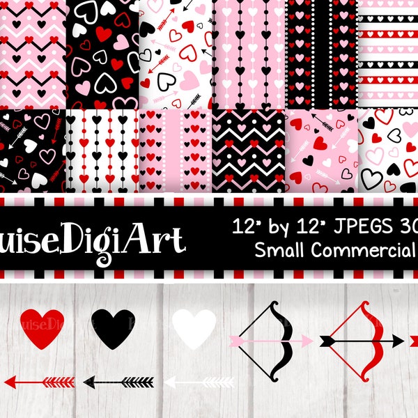 Valentine Hearts Digital Printable Papers and Clipart in Pink, Red and Black