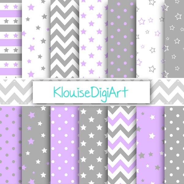 Purple and Gray Digital Papers with Stars, Polka Dots, Stripes, Chevrons