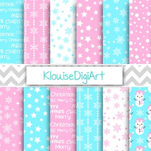Baby Pink and Blue Christmas Digital Printable Papers with Snowmen, Snowflakes, Snow