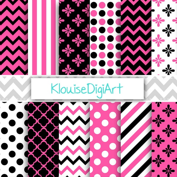 Black and Hot Pink Digital Printable Papers with Chevrons, Stripes, Polka Dots