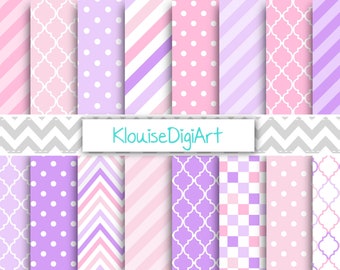 Pink and Purple Printable Digital Papers with Stripes, Quatrefoil, Chevrons, Polka Dots