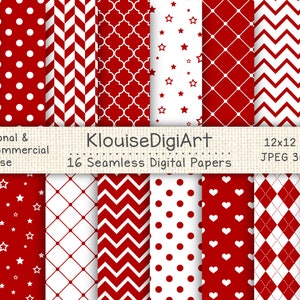 "Nahtlose weiße und kirschrote digital bedruckbare Papiere mit Polka Dots, Chevron und Streifen."