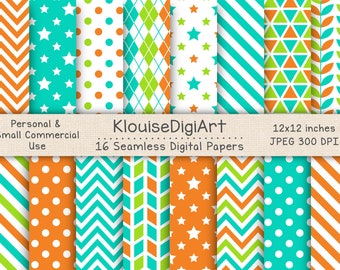 Seamless Tropical Green, Orange and White Digital Printable Papers with Polka Dots, Stars, Stripes