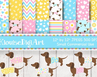 Pastel Dog Dachshund Digital Printable Papers and Clipart in Pink, Blue and Yellow