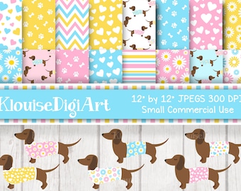 May include: A set of 12 digital papers featuring various patterns with a dachshund theme. The patterns include hearts, daisies, paw prints, stripes, and chevron designs in pink, blue, and yellow. The papers are 30.5 cm by 30.5 cm and 300 DPI.  Small commercial use.