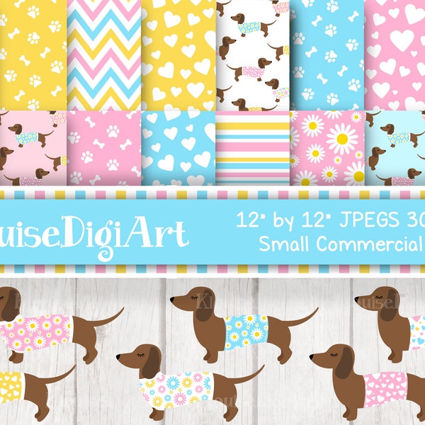 Pastel Dog Dachshund Digital Printable Papers and Clipart in Pink, Blue and Yellow