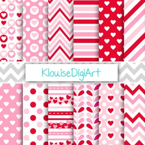 Pink and Red Valentine's Day Digital Printable Papers with Hearts, Stripes, Polka dots