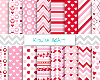 May include: A set of 12 digital paper patterns featuring various Valentine's Day themes. The patterns include hearts, polka dots, stripes, chevron, and more. The colors are pink, red, and white.