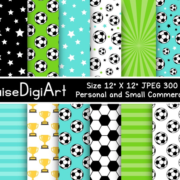 Soccer Football Sport Digital Papers Patterns in Turquoise, Green and Black