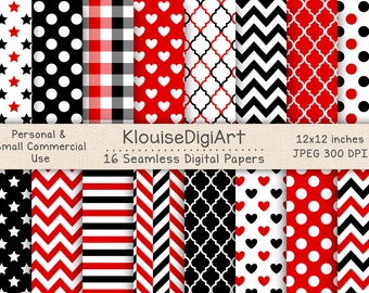 Seamless Red, Black and White Digital Printable Papers with Polka Dots, Chevron, Quatrefoil, Stripes