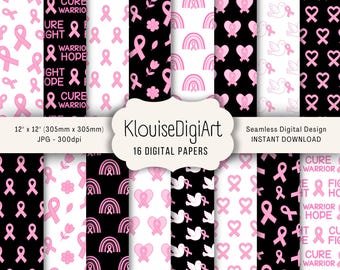 Seamless Breast Cancer Awareness Digital Printable Papers with Pink Ribbons