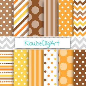 May include: A set of 16 digital papers featuring various patterns in shades of orange, brown, and white. The patterns include polka dots, stripes, and chevron.