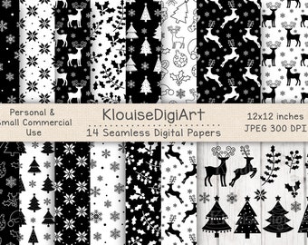 Seamless Christmas Winter Reindeer Digital Printable Papers in Black with Clipart