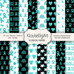 Puede incluir: Una colección de 16 papeles digitales con varios patrones. Los diseños incluyen lazos de concienciación turquesa, corazones, palomas, arcoíris y flores sobre fondos blancos y negros. El texto incluye "Cure Warrior" y "Fight Hope".