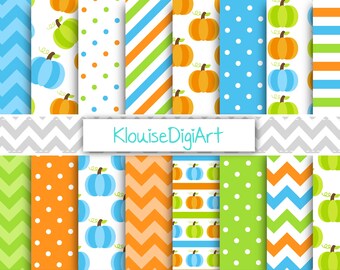 Fall Autumn Pumpkin Digital Printable Papers in Blue, Orange and Green