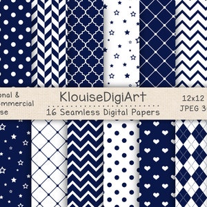Papiers numériques imprimables bleu marine et blanc sans couture à pois, chevrons, rayures