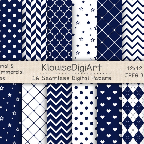 Seamless Navy Blue and White Digital Printable Papers with Polka Dots, Chevron, Stripes