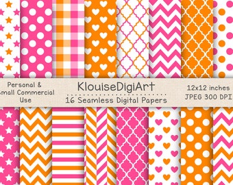 Seamless Hot Pink, Orange and White Digital Printable Papers with Polka Dots, Chevron, Quatrefoil, Stripes