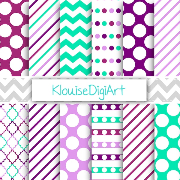 Purple and Green Printable Digital Paper with Polka Dots, Quatrefoil, Stripes and Chevrons