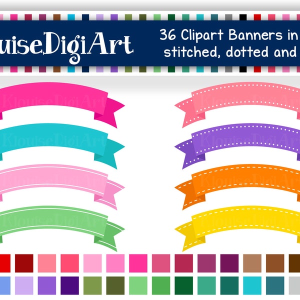 Rainbow and Pastel Digital Clipart Ribbon Banners in Plain, Lined, Dotted and Stitched 02