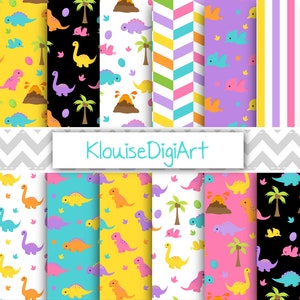 Cute Dinosaur Printable Digital Papers, Pink, Purple, Yellow, Orange, Green