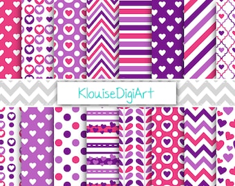 Pink and Purple Valentine's Day Digital Printable Papers with Hearts, Stripes, Polka dots