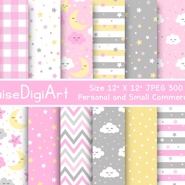 Moon, Stars and Clouds Digital Printable Papers in Bright Pink, Yellow and Gray