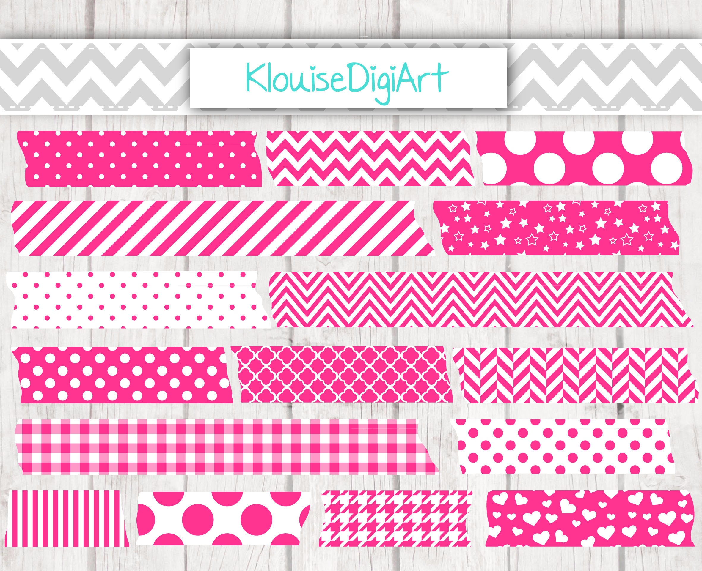 Hot Pink Washi Tape PNG Digital Clipart with Polka Dots, Stripes, Chevrons,  Gingham, Herringbone