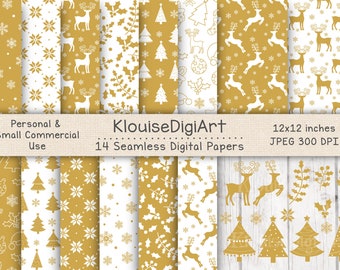 Seamless Christmas Winter Reindeer Digital Printable Papers in Gold with Clipart