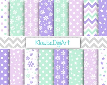 Pastel Green and Purple Christmas Winter Digital Printable Papers with Snowflakes, Chevrons and Stars