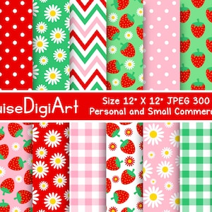 Strawberries, Daises, Dots and Gingham Digital Printable Papers in Red, Pink and Mint Green