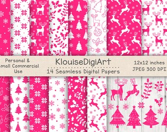 Seamless Christmas Winter Reindeer Digital Printable Papers in Pink with Clipart