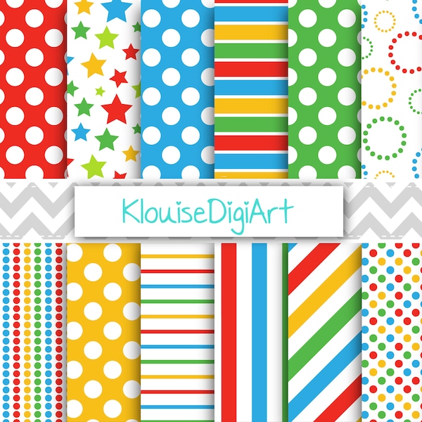 Polka Dot, Chevrons and Stripes Digital Papers in Red, Yellow, Blue and Green