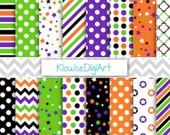 Halloween Green, Purple and Orange Digital Printable Papers with Polka Dots, Stars, Stripes