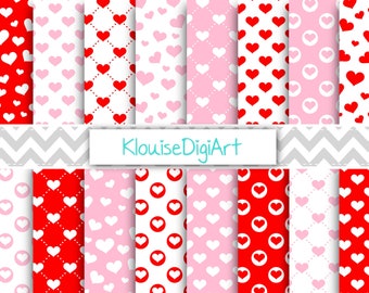 Baby Pink and Bright Red Valentine's Day Digital Printable Papers with Hearts