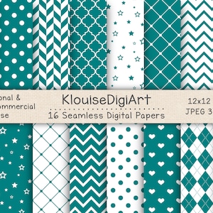 Seamless Teal and White Digital Printable Papers with Polka Dots, Chevron, Stripes