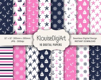 Papeles náuticos imprimibles digitales sin costuras en rosa y azul marino con anclas, veleros y estrellas de mar.